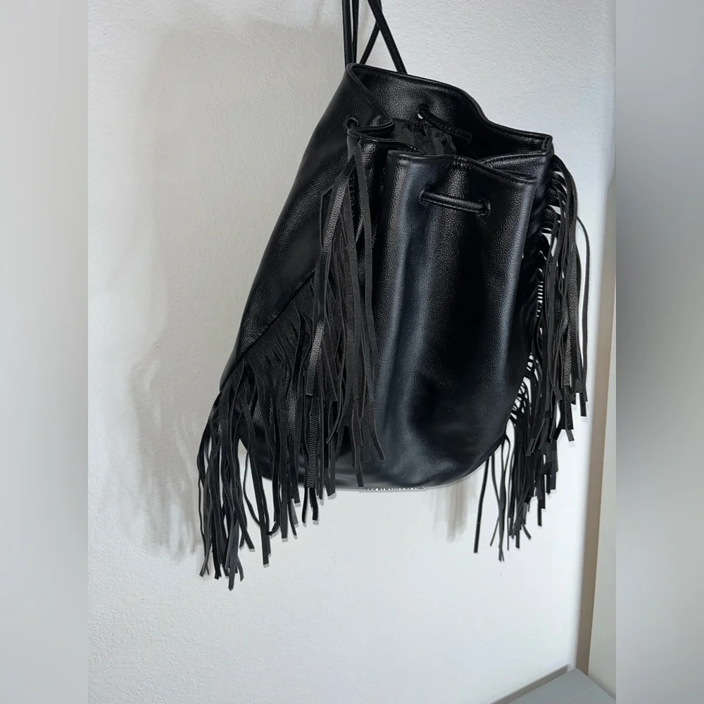 Victoria's Secret Fringe Bucket Bag Drawstring Black Faux Leather Large NWOT - Picture 9 of 16